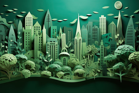 Green city background with trees and buildings. Paper art style. Vector illustration.の素材