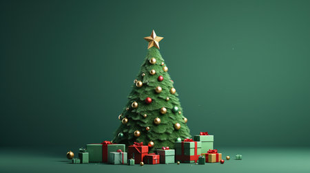 Christmas tree with gift boxes on green background, 3d render illustrationの素材