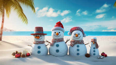 Snowman family on the beach. Christmas and New Year concept.の素材