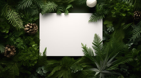 Creative layout made of tropical leaves and blank card. Flat lay. Nature concept.の素材