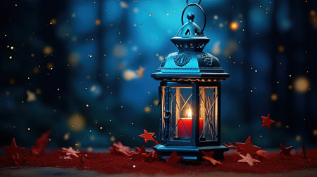 Christmas lantern with burning candle on wooden background. 3D illustration.の素材