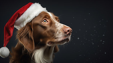 Cute dog in santa hat on dark background. Christmas conceptの素材
