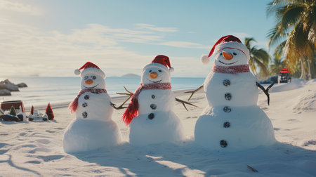 Funny snowmen on the beach. Christmas and New Year concept.の素材