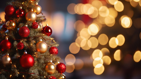Christmas tree with red and gold balls on blurred background, closeupの素材