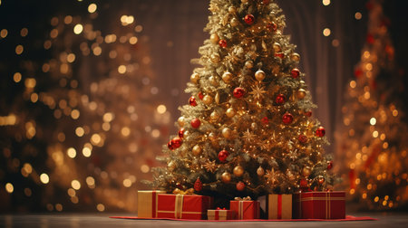 Christmas tree with gifts on the background of bokeh lights.の素材