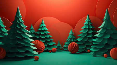 Christmas background with fir trees and red balls. 3D illustration.の素材