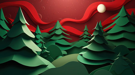 Paper cut christmas landscape with fir trees and red sky. Vector illustration.の素材