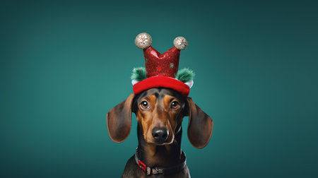 dachshund dog wearing santa claus hat on green backgroundの素材