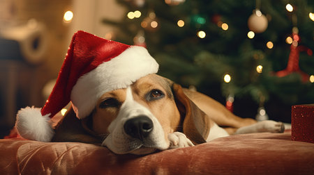 Beagle dog in Santa hat lying on sofa with Christmas tree on backgroundの素材