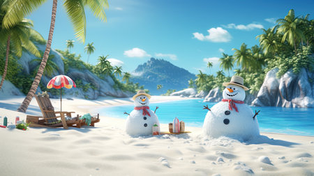 3d render of snowman family on tropical beach. Christmas holiday conceptの素材