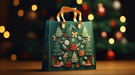 Christmas gift bag on a wooden table with bokeh background. 3d renderingの素材