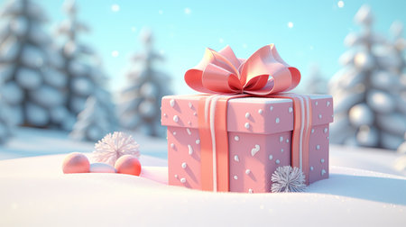Christmas gift box in the snow. 3D rendering. Christmas background.の素材