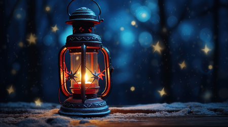 Lantern in the winter forest on a wooden background. Christmas concept.の素材