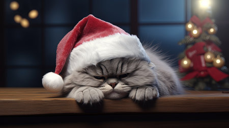 Cute cat in santa hat lying on wooden table with christmas tree on backgroundの素材