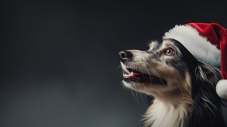 Portrait of border collie dog wearing santa hat on black backgroundの素材