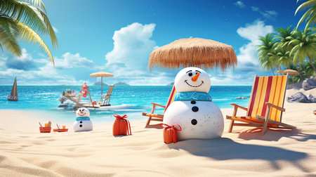 3d render of a snowman on a tropical beach with palm treesの素材