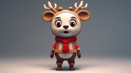 Cute cartoon reindeer with red scarf, 3d renderingの素材