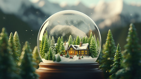 Snow globe with house in the forest. 3d render illustration.の素材