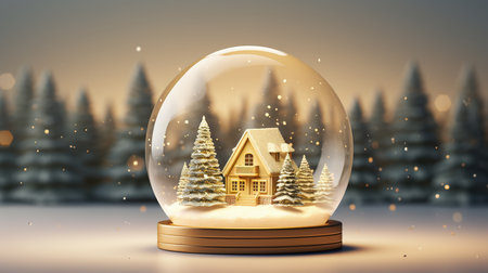 Snow globe with christmas trees and house. 3D illustration.の素材