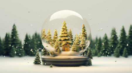 Snow globe with christmas tree and house in snowfall. 3D renderingの素材