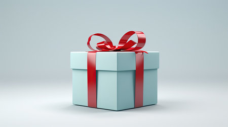 Blue gift box with red ribbon on white background. 3D renderingの素材