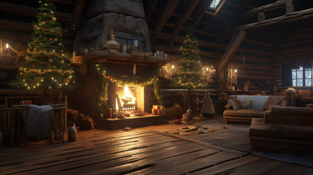 3d rendering of a wooden house with fireplace and christmas treeの素材