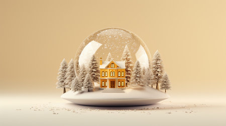 Christmas snow globe with house and trees. 3d render illustration.の素材
