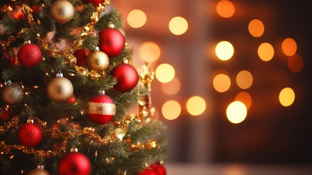 Beautiful Christmas tree with baubles on blurred background, closeupの素材