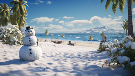 3d render of a snowman in a beach with palm treesの素材