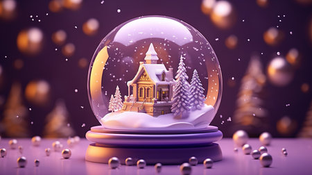 Snow globe with christmas tree and house. 3d illustration.の素材