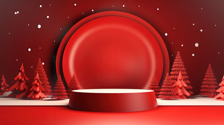 Christmas background with red round podium and Christmas trees. Vector illustration.の素材
