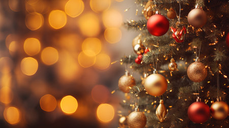 Christmas tree with red and golden baubles on bokeh backgroundの素材