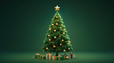 Christmas tree with presents and golden star on green background 3D renderingの素材
