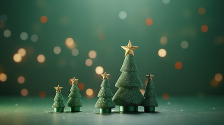 Christmas tree with gold star on green bokeh background. 3d illustrationの素材
