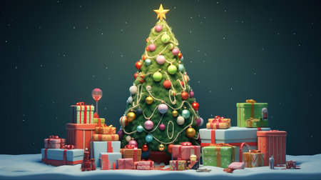 Christmas tree with gifts and balls in the snow. 3d illustrationの素材