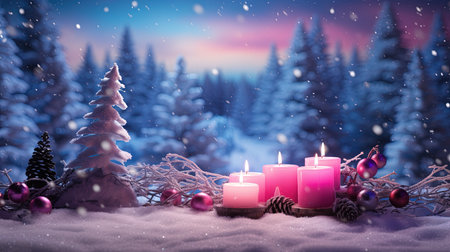 Christmas background with burning candles, Christmas tree and decorations in the snowの素材
