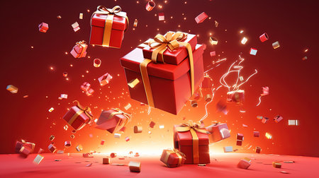 Gift boxes flying with confetti on red background. 3D renderingの素材