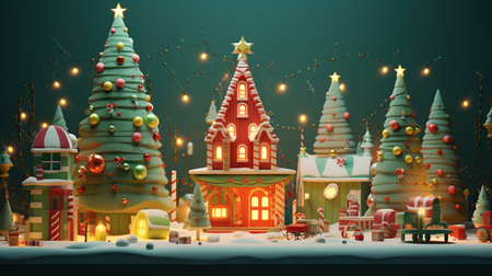 Christmas village with gingerbread houses and christmas tree. 3d illustrationの素材