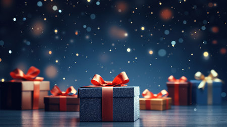Gift boxes with red bows on bokeh background. 3D renderingの素材