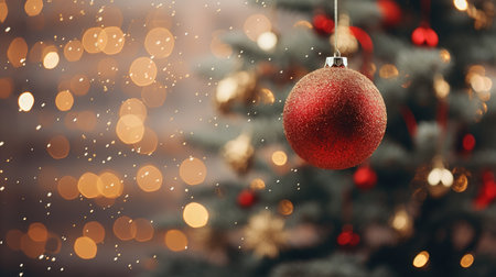 Christmas tree with red bauble on bokeh background. New Year conceptの素材
