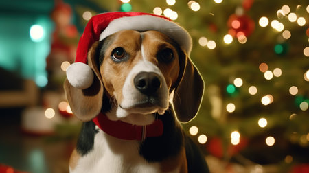 Beagle dog in Santa Claus hat on background of Christmas tree.の素材
