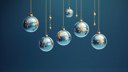 Christmas baubles hanging on blue background. 3D Renderingの素材