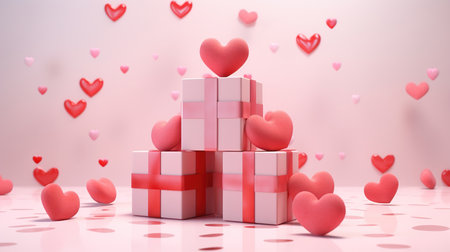 Valentine's day background with gift boxes and hearts. 3D Renderの素材