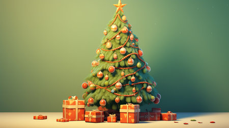 Christmas tree and gifts on a green background. 3D illustration.の素材