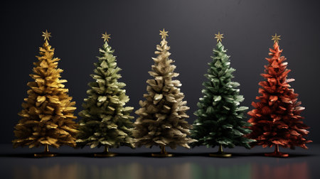 Christmas trees isolated on a black background. 3d render image.の素材