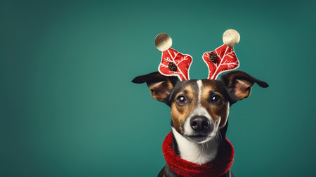 christmas dog with reindeer antlers on head, on green backgroundの素材