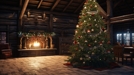 Christmas tree and fireplace in an old wooden house. 3D rendering.の素材