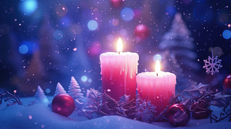 Christmas background with burning candles and christmas decorations in snowdriftの素材
