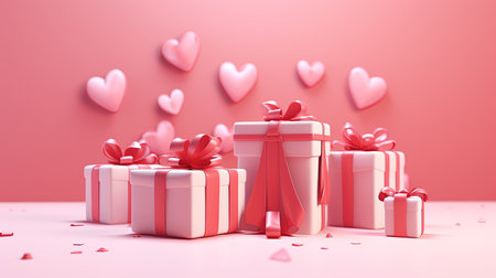Valentines day background with gift boxes and hearts. 3d renderの素材