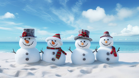 Snowman family on the beach with blue sky background. 3d rendering.の素材
